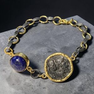 18k Gold Plated Gunmetal Artisan Ancient Roman Coin Lapis Lazuli Chain Bracelet